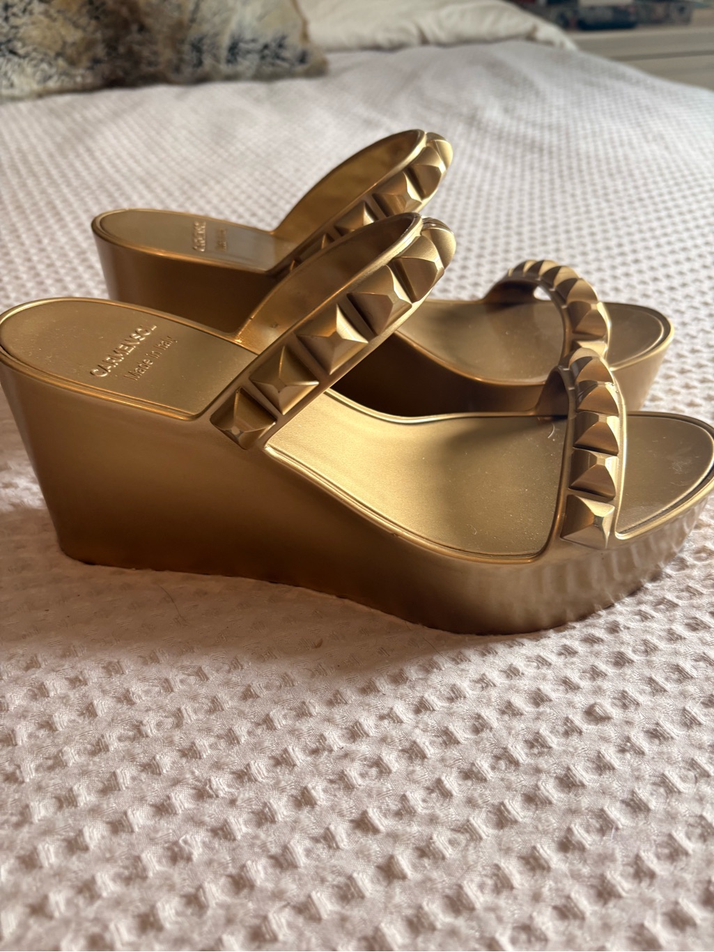 Gold Studded Wedge Sandals With Double Straps